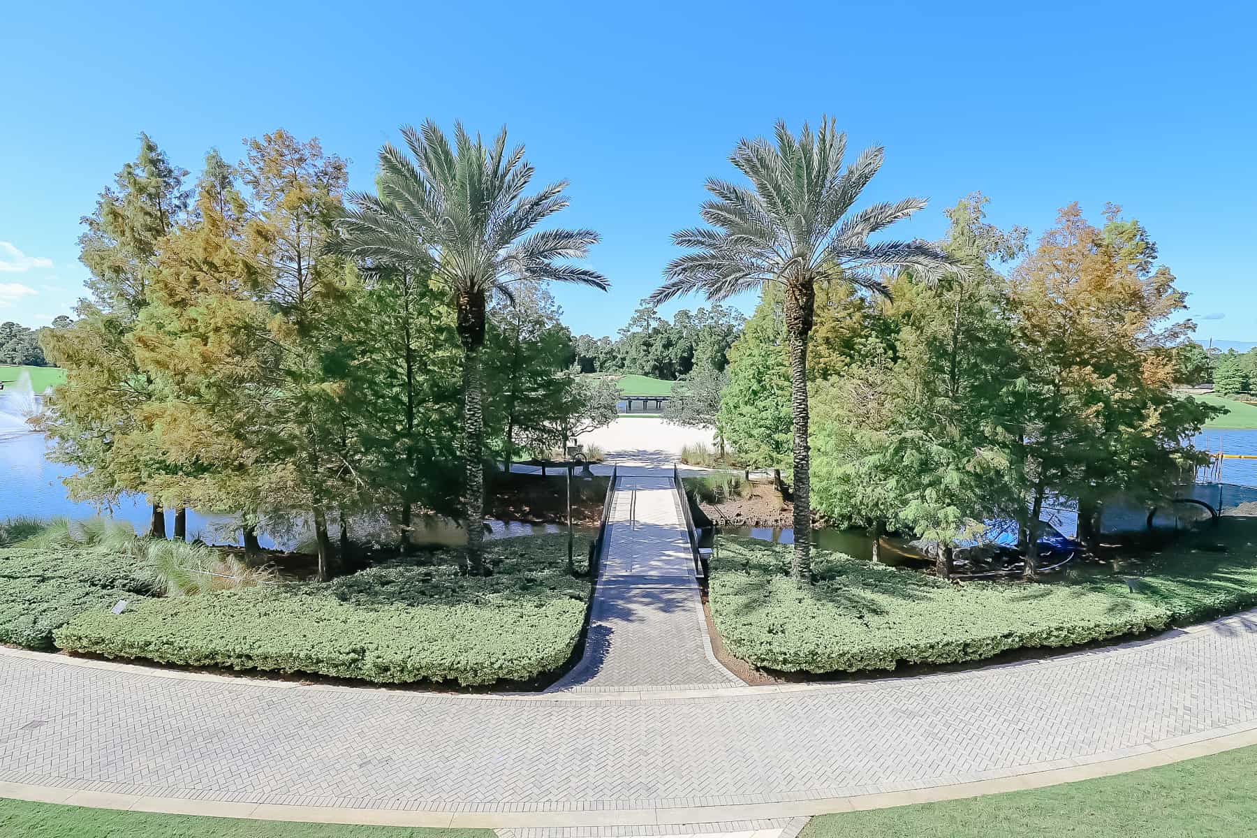 a view of the Waldorf's spacious backyard from the hotel lobby 