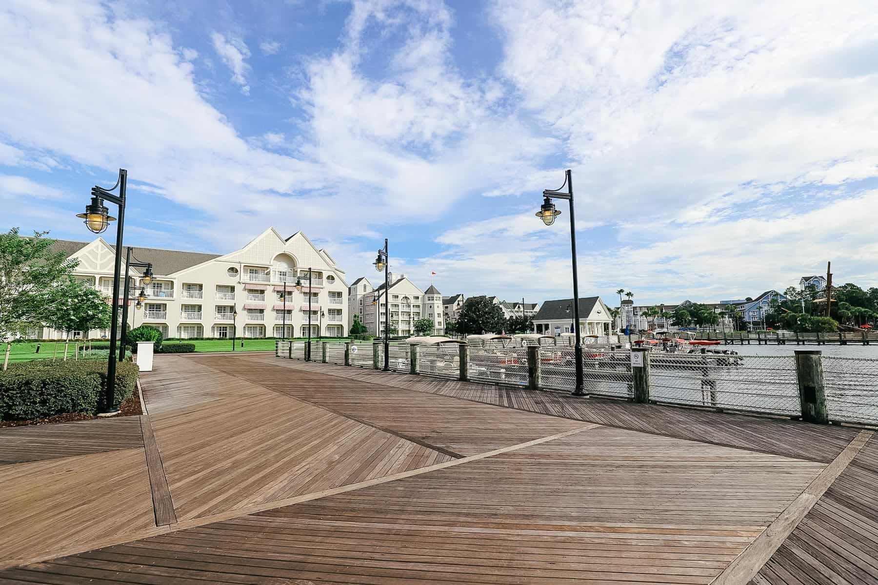 wooden walkway leaving Disney's Yacht Club toward the parks 