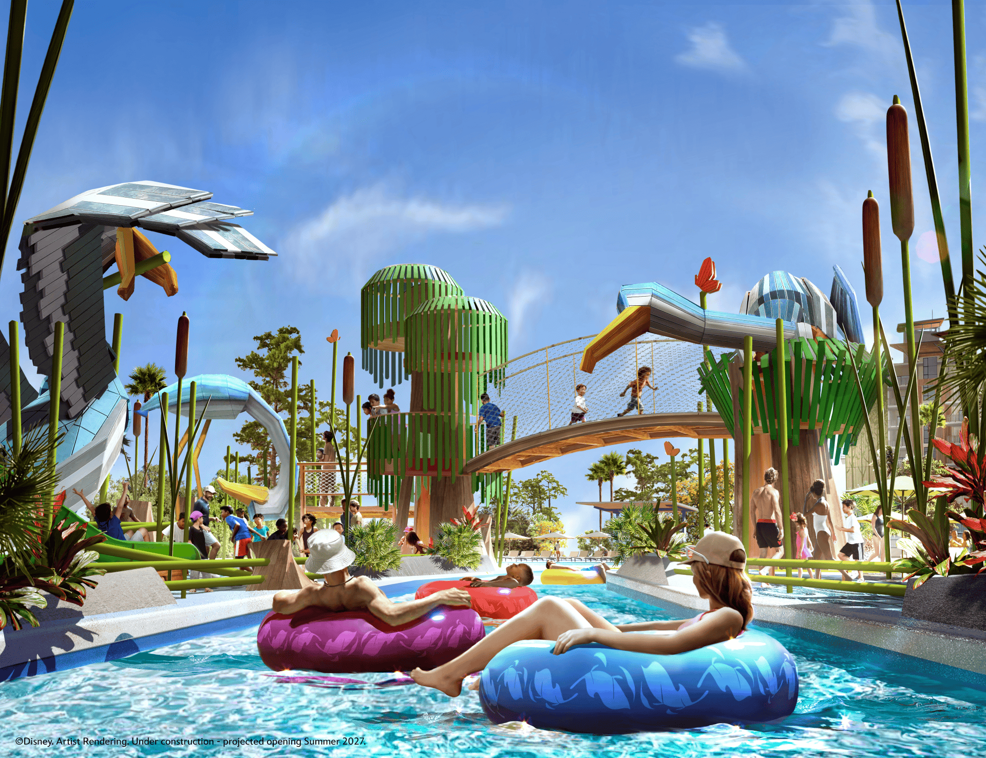 Concept art featuring a lazy river floating through a kids activity area at the new Lakeshore Lodge