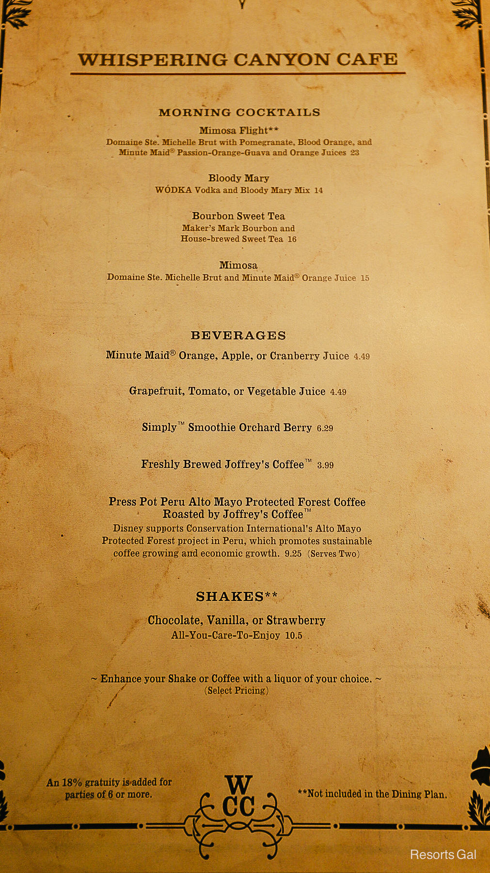 The beverage menu for Whispering Canyon Cafe that includes morning cocktails 