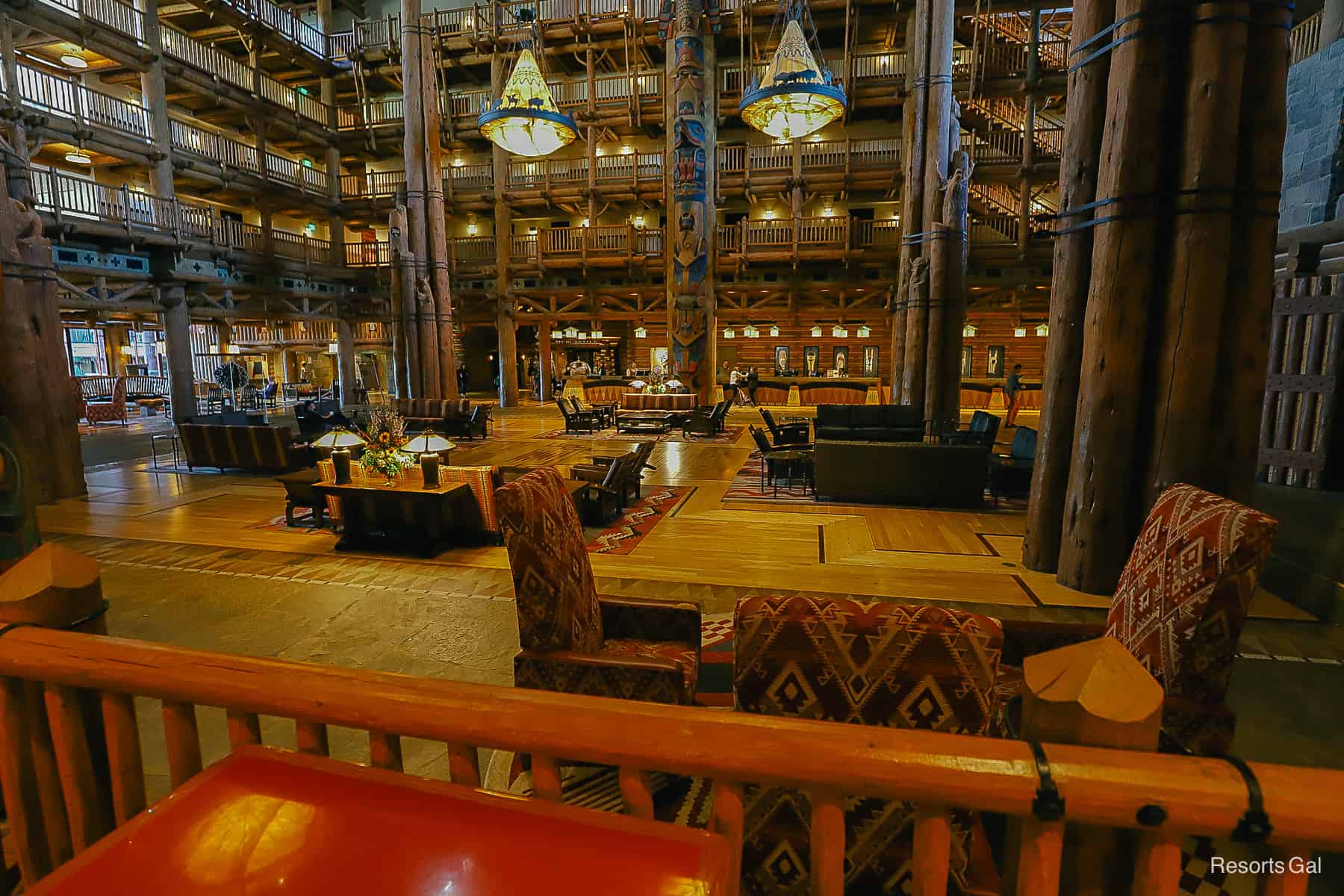a view of the Wilderness Lodge lobby from inside Whispering Canyon Cafe