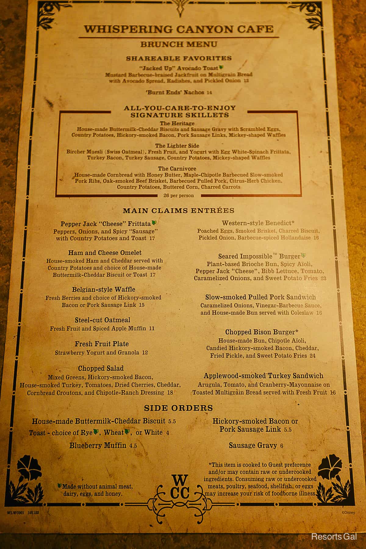 the brunch menu (breakfast and lunch) for Whispering Canyon Cafe