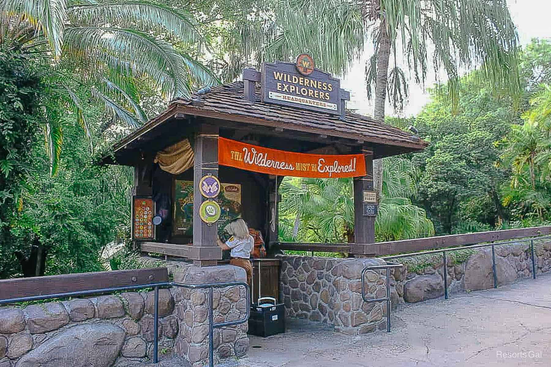 The Wilderness Explorer's Headquarters where a cast member waits to meet guests. 