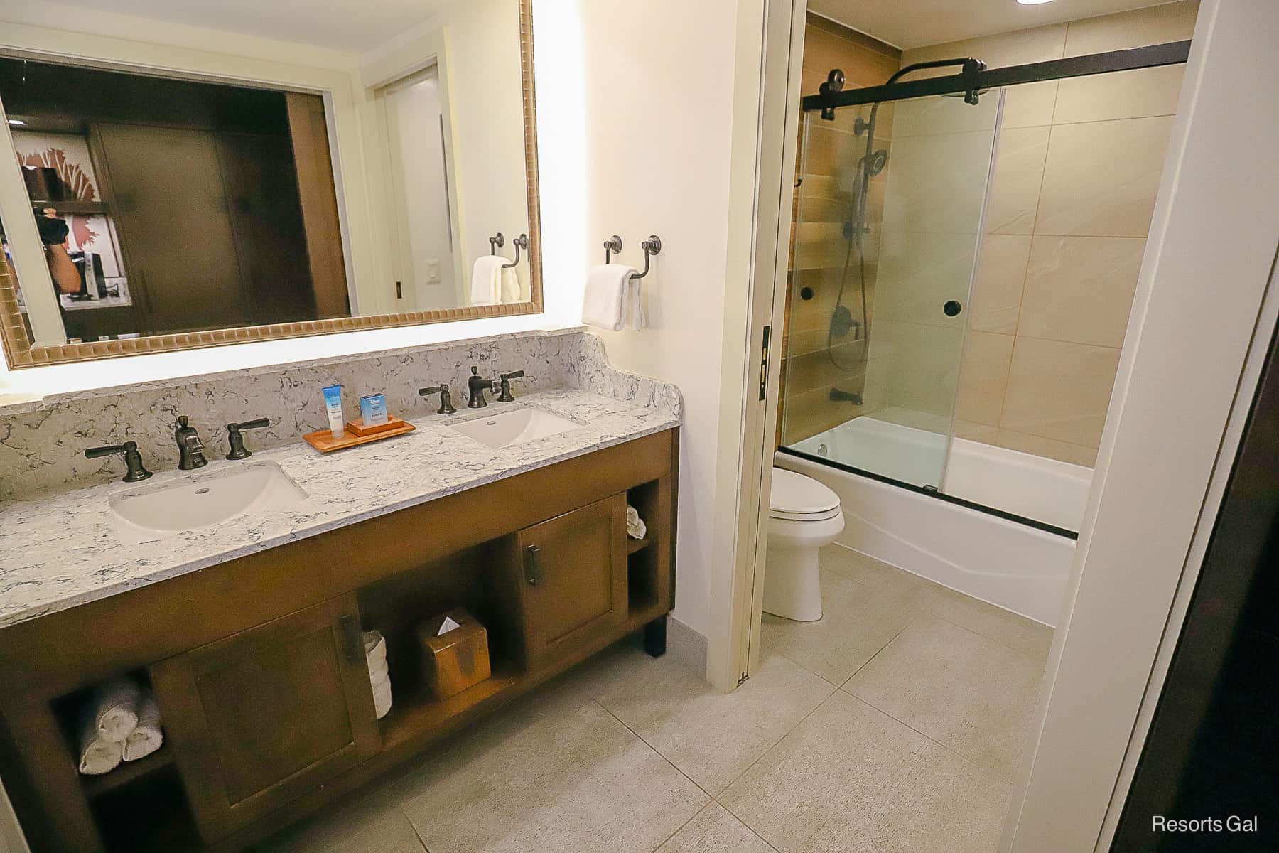 a look at the entire guest bath in a room at Disney's Wilderness Lodge