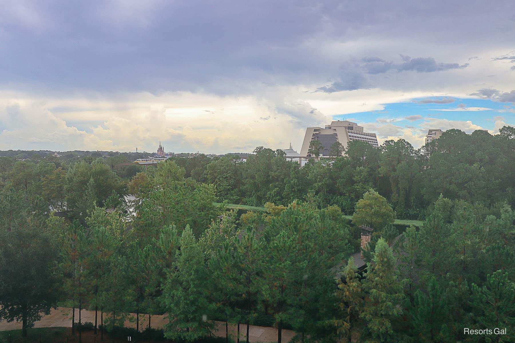 a view of Disney's Contemporary, the monorail, and Magic Kingdom from a fireworks view in the Wilderness Lodge 