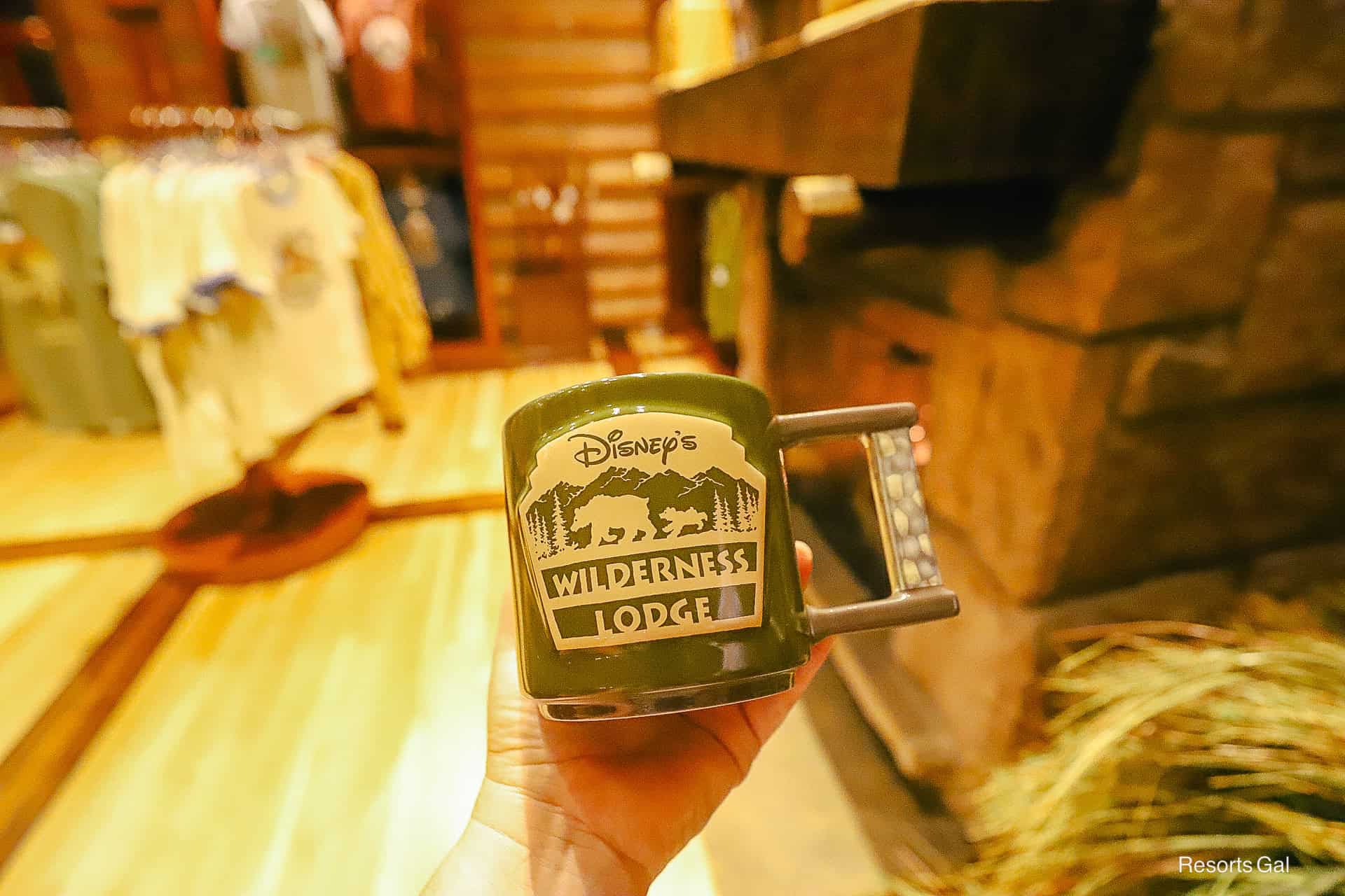 the Wilderness Lodge logo on the resort merchandise coffee mug