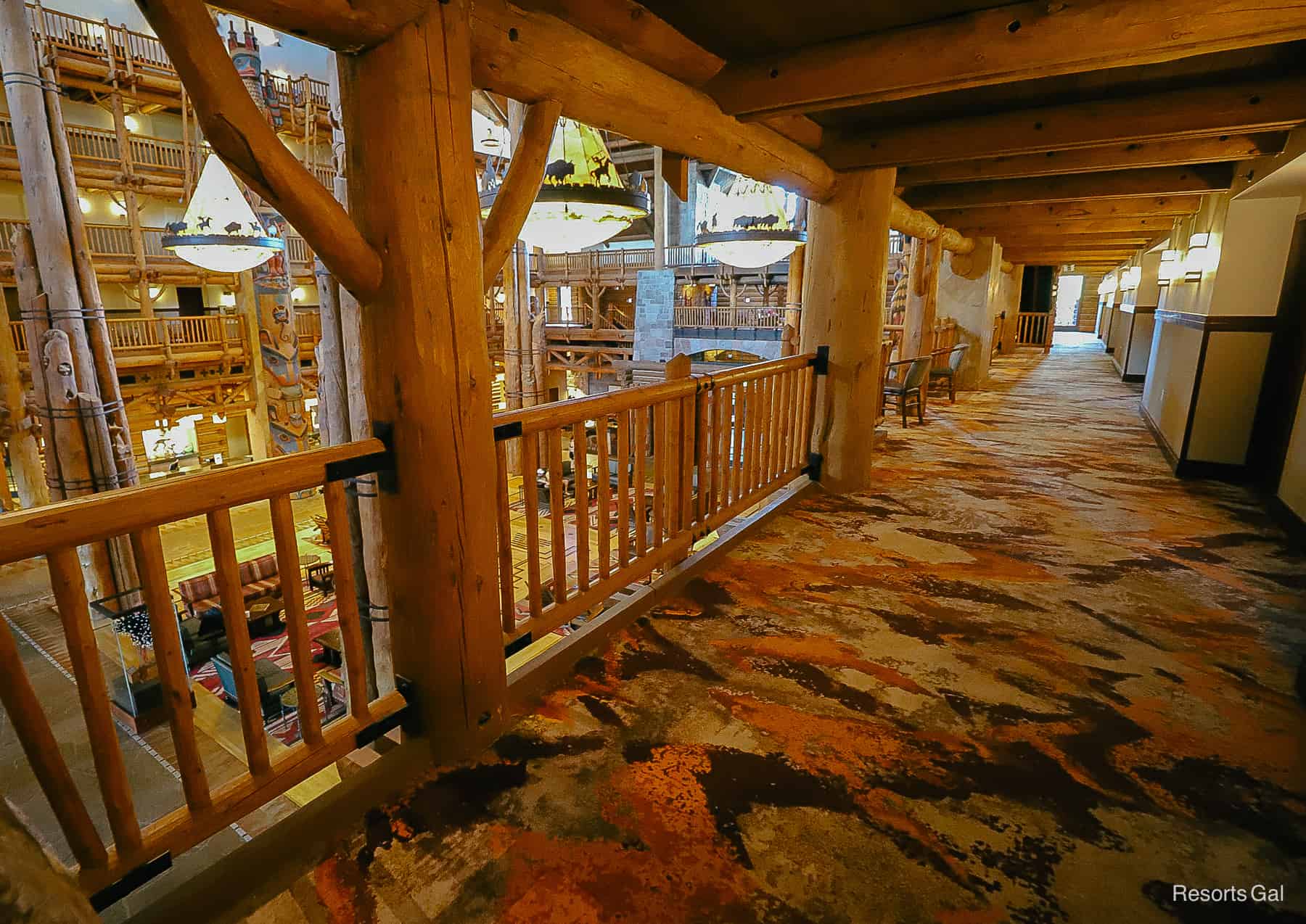 the hallway outside of our room at the Wilderness Lodge overlooked the lobby 