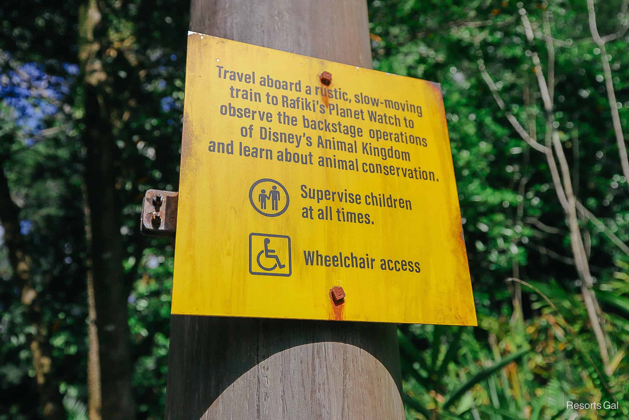 a sign with a description of the ride, children supervision notice, and wheelchair access 