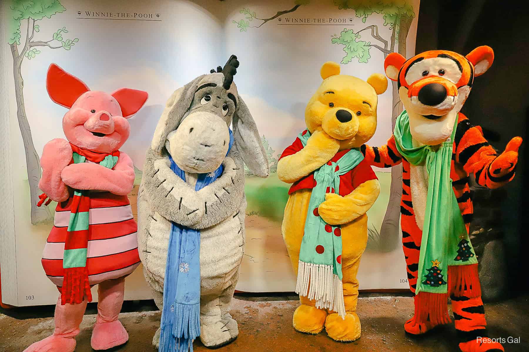 Left to Right: Piglet, Eeyore, Winnie the Pooh, and Tigger in Christmas Scarves
