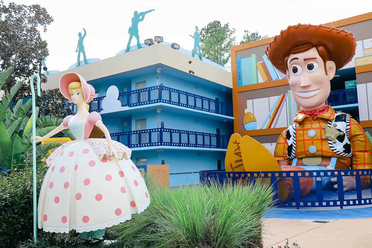 Woody and Bo Peep statues in the Toy Story section of All-Star Movies