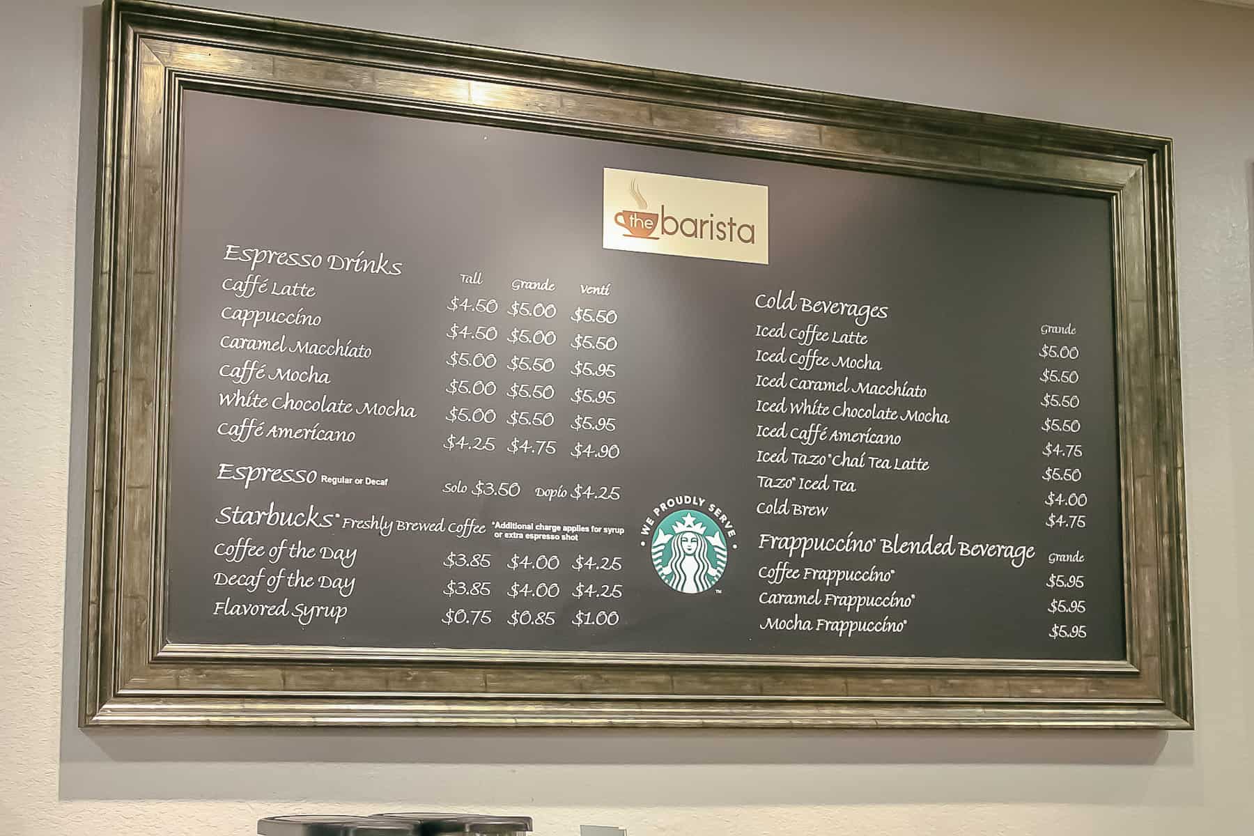 Coffee Bar Menu at the time of our stay 