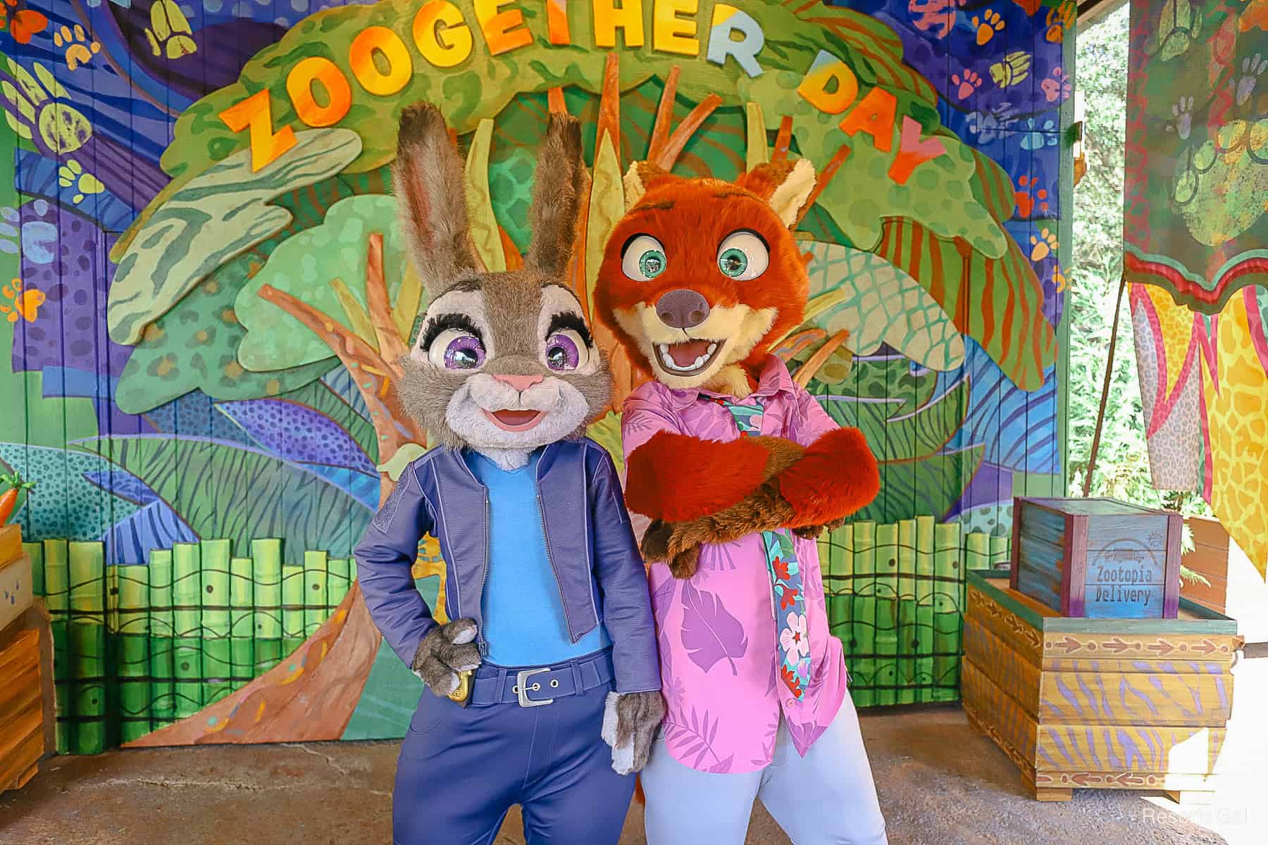 Judy Hopps (left) and Nick Wilde (right) pose for a photo at the Zoogether Day Gathering Spot